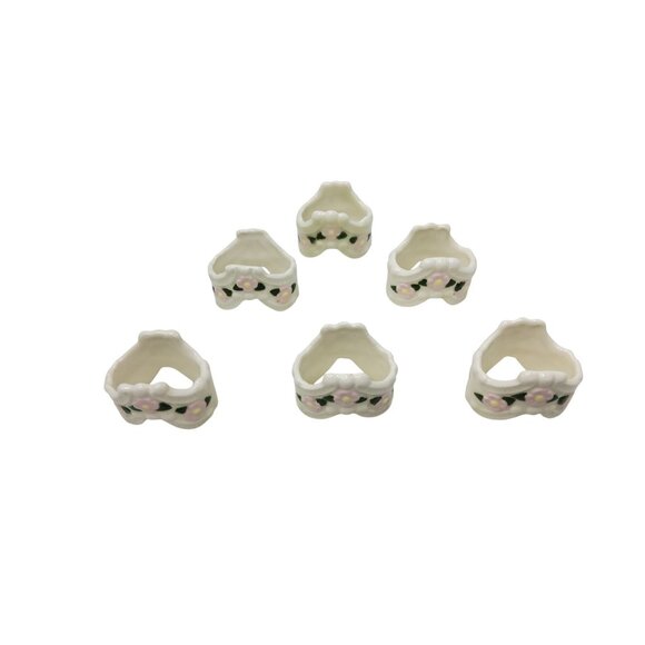 Set Of 6 Vintage Porcelain Floral Napkin Rings - Picture 3 of 5